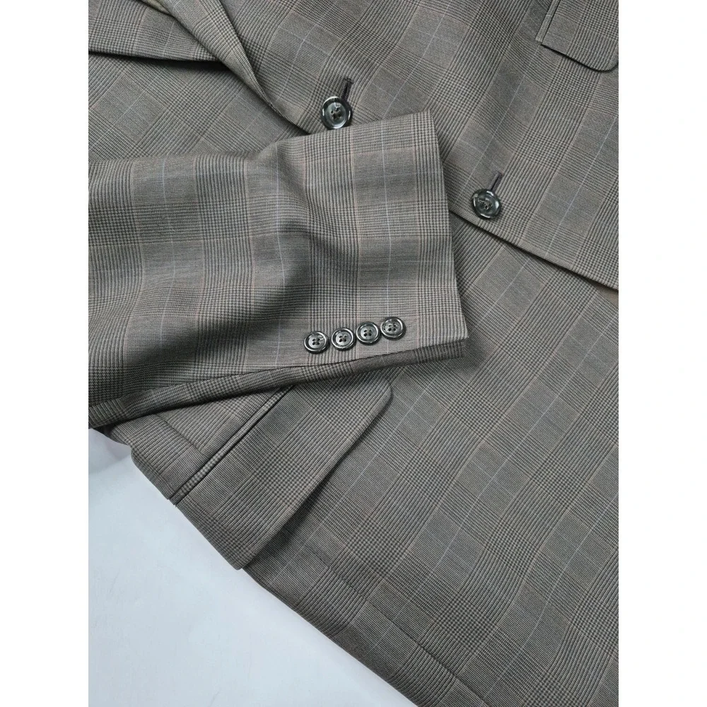 Jos A Bank Mens Wool Sports Coat 42L Taupe Plaid 2 Button Blazer P801